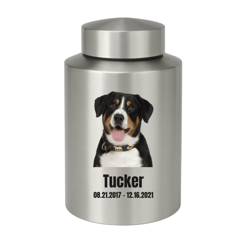 Personalised Dog Urn with Photo – Engraved Cylinder Stainless Steel Memorial Urn  with Name & Dates