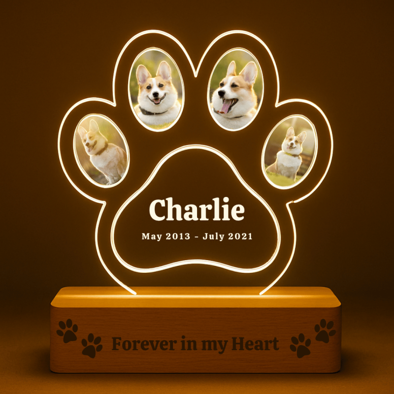 Personalised Dog Memorial Light with Four Photos – Paw-shaped LED Pet Tribute Lamp with Engraved Name & Dates on Acrylic Plaque