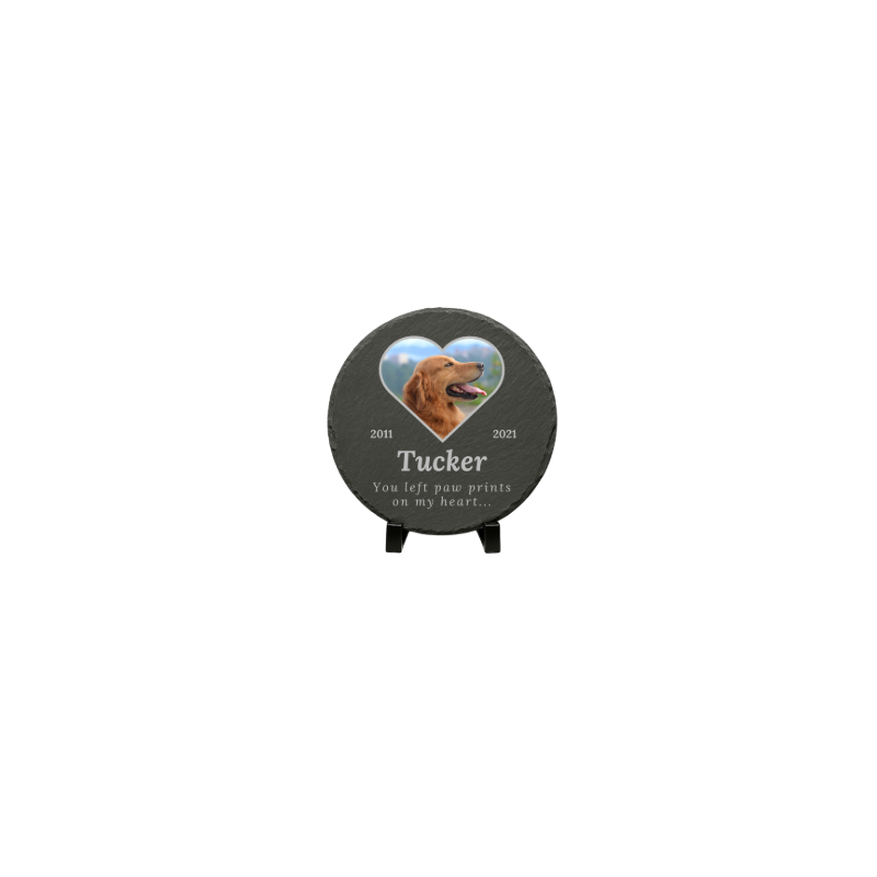 Personalised Round Slate Dog Memorial Plaque – Pet Memorial Gift with Photo, Engraved Name, Dates & Tribute