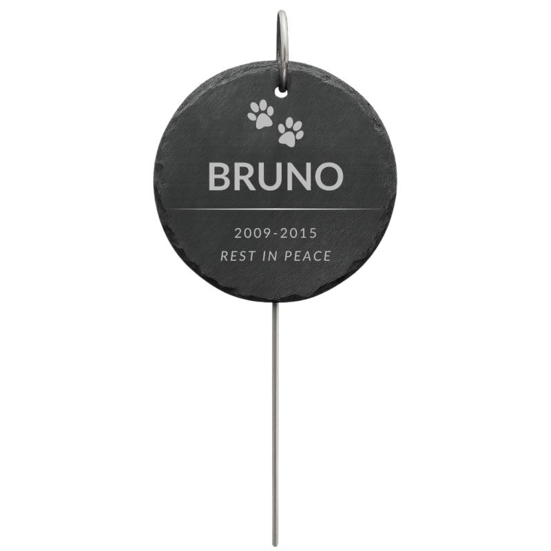 Personalised Round Dog Grave Marker with Metal Hook Stake – Slate Pet Memorial Garden Plaque with Name, Dates & Tribute