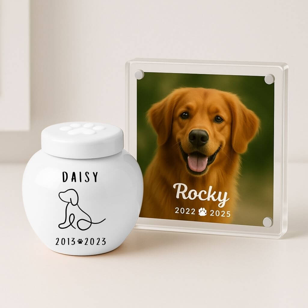 Custom Ceramic Dog Urn – Personalised Pet Cremation Urn for Ashes with Name, Dates & Minimalist Dog Illustration