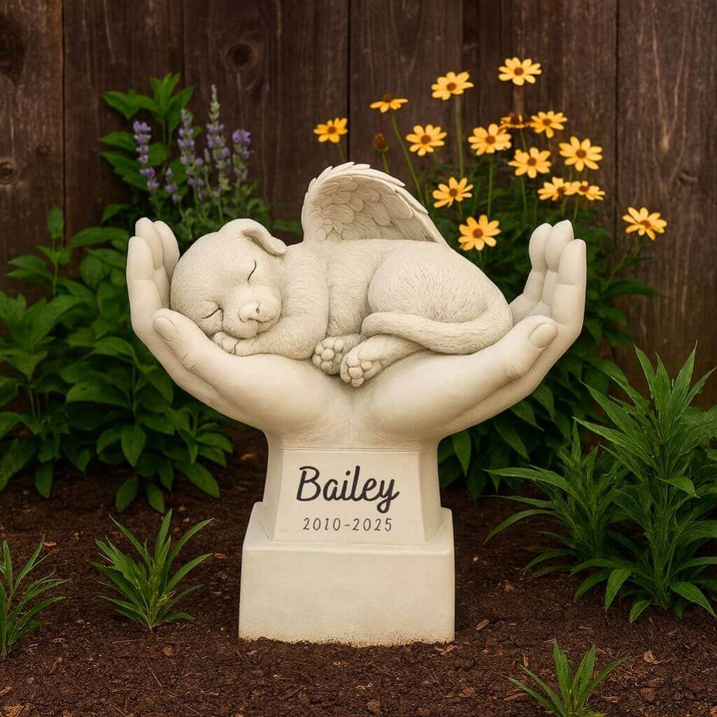 Statue chien ange au creux des mains personnalisée – En résine résistante aux intempéries avec nom & dates en écriture cursive