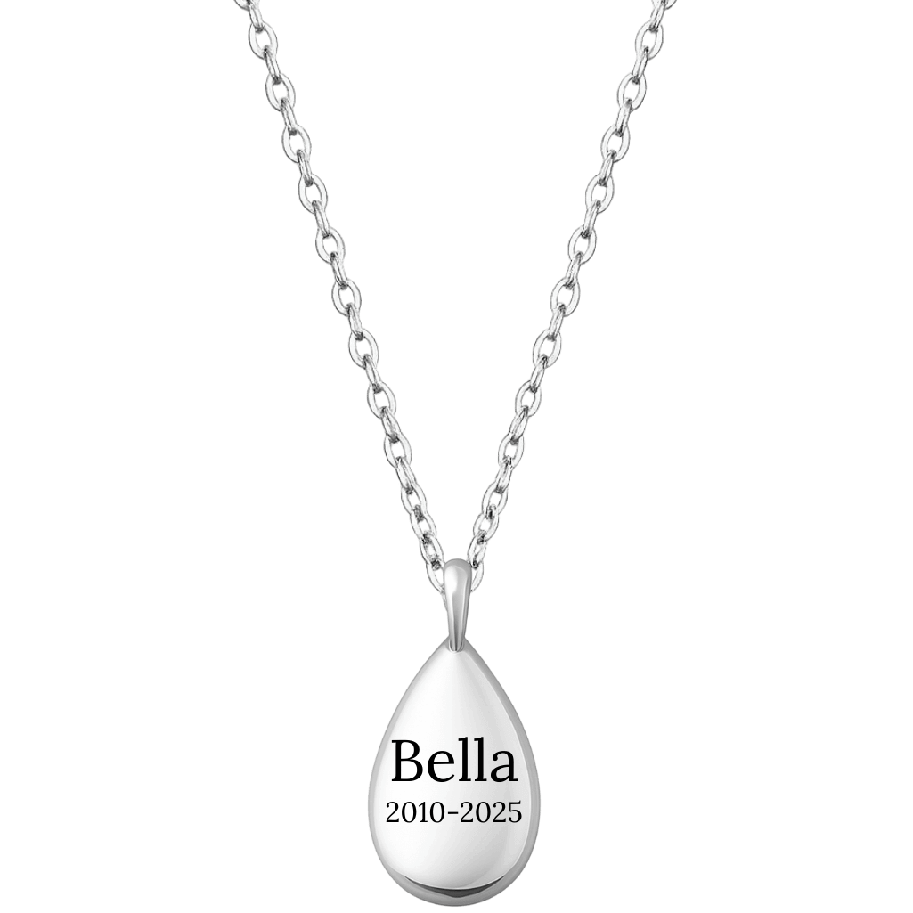 Personalised Dog Memorial Teardrop Urn Necklace – Engraved Pet Ashes Keepsake with Name & Dates