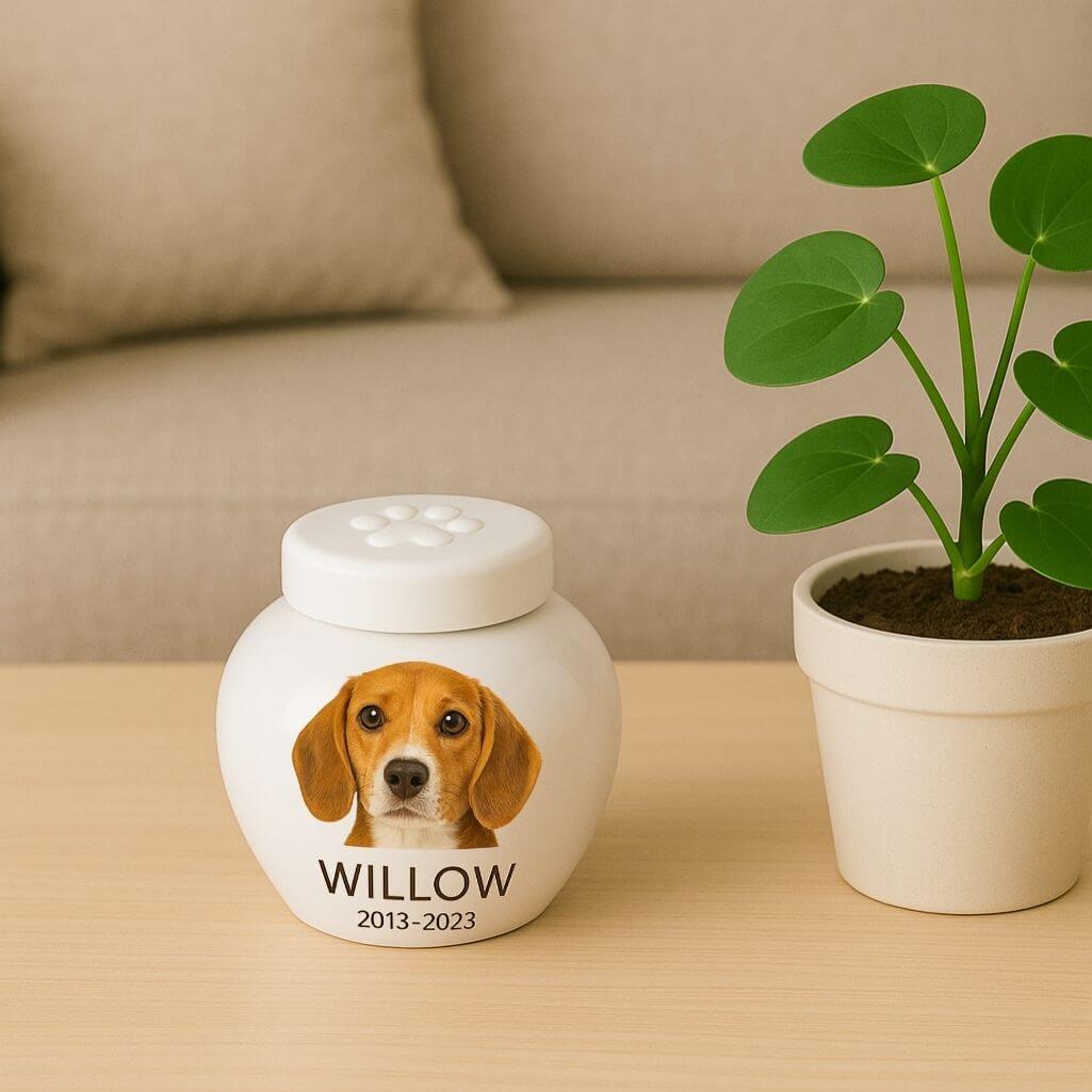 Custom Ceramic Dog Urn with Photo – Personalised Pet Cremation Urn for Ashes with Name & Dates