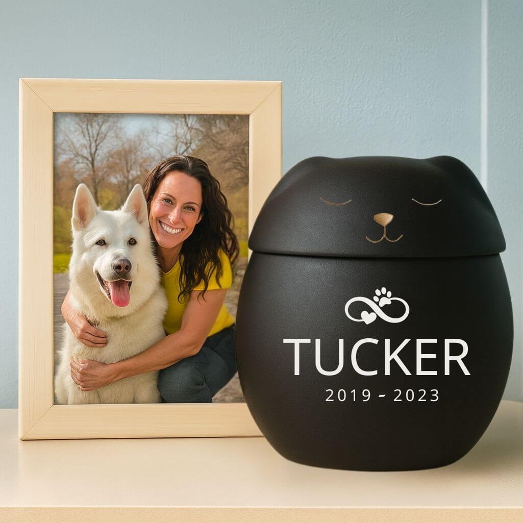 Personalised Ceramic Dog Urn with Sleeping Pet Lid – Pet Cremation Urn for Ashes with Name, Dates & Eternal Love Design