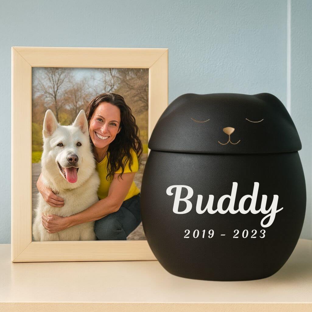 Personalised Ceramic Dog Urn with Sleeping Pet Lid – Pet Cremation Urn for Ashes with Name & Dates
