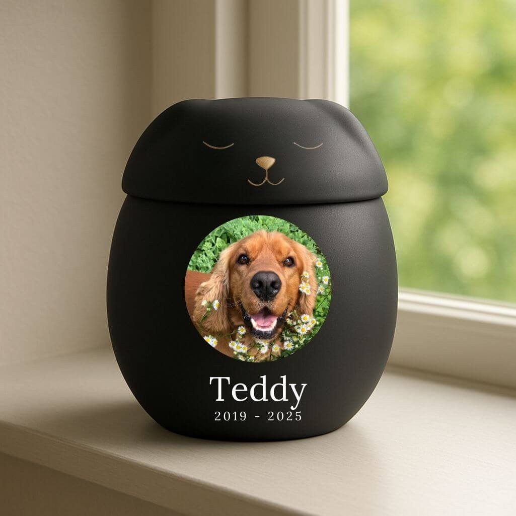 Personalised Ceramic Dog Urn with Sleeping Pet Lid – Pet Cremation Urn for Ashes with Dog's Photo, Name & Dates in a Heartfelt H