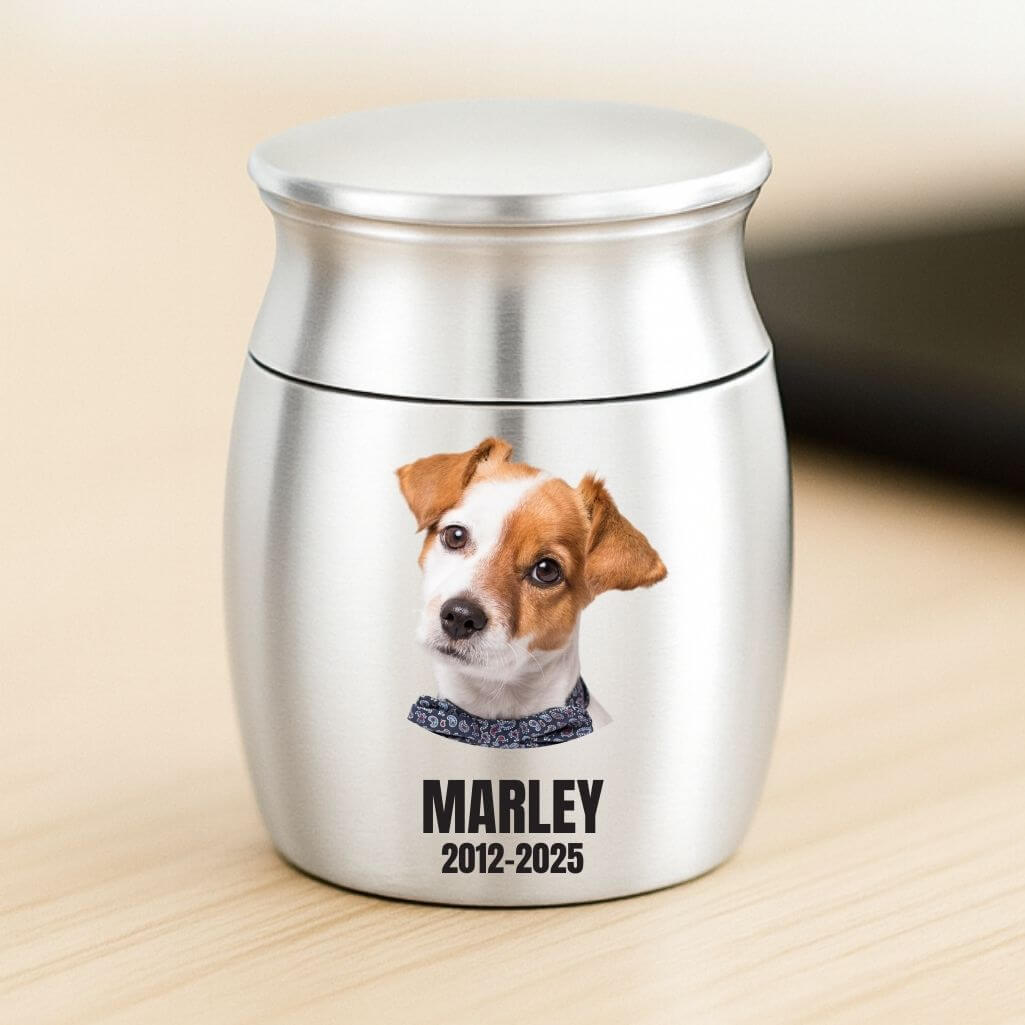 Personalised Dog Urn with Engraved Photo  – Mini Keepsake Urn with Name & Dates