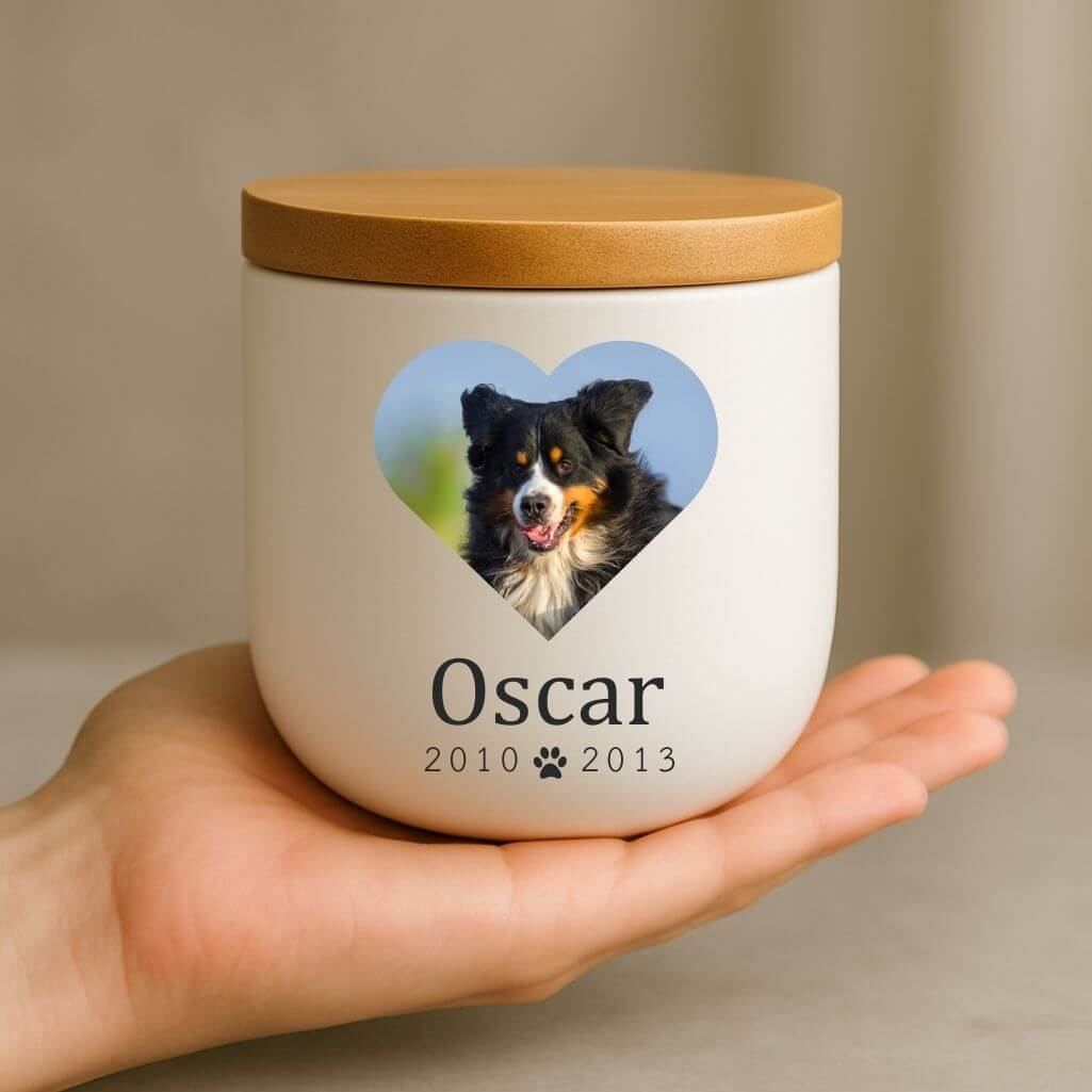 Personalised Ceramic Dog Urn with Photo in Heart Frame – Pet Cremation Urn for Ashes with Name & Dates