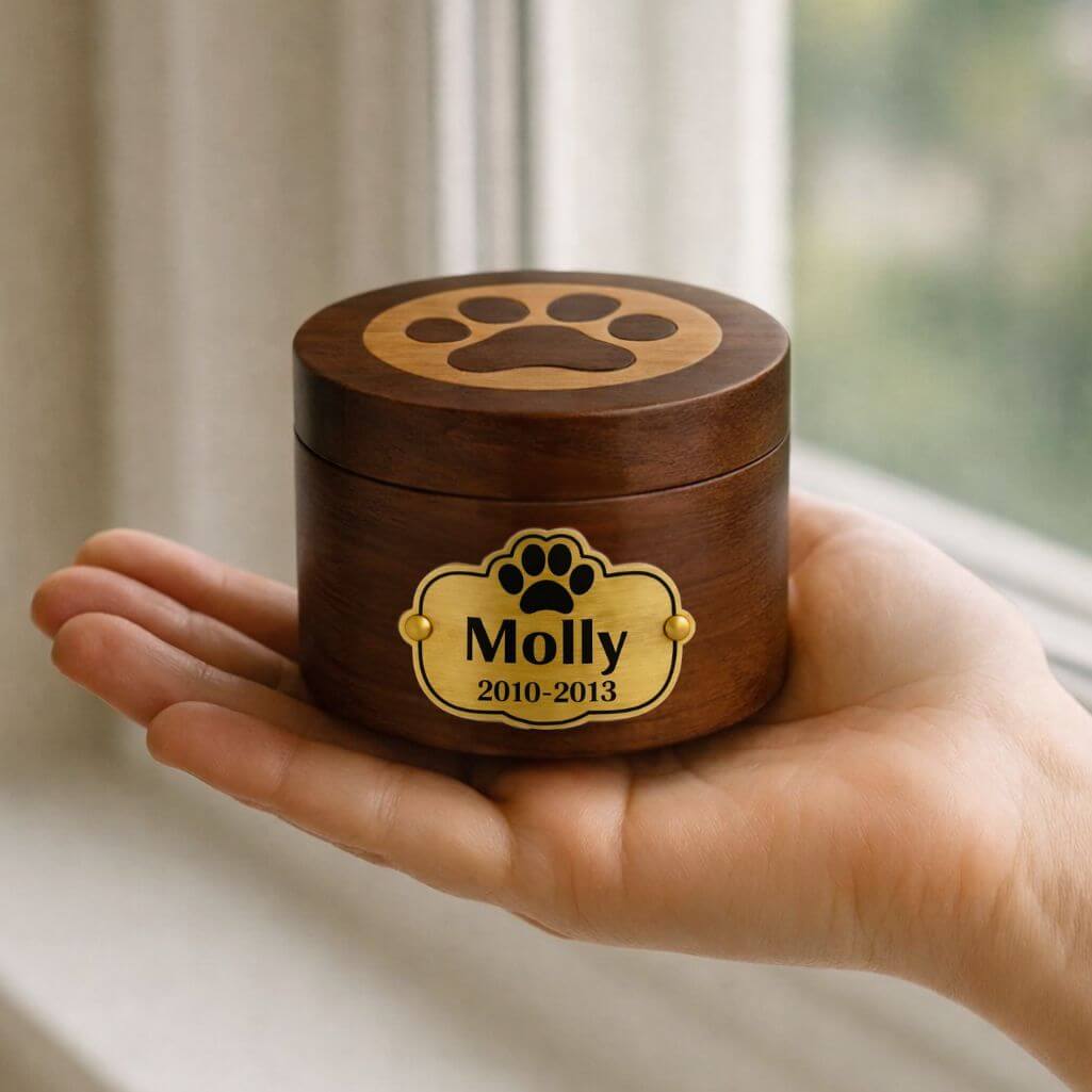 Personalised Wooden Dog Urn with Aluminium Plate  – Pet  Memorial Urn with Engraved Name & Dates