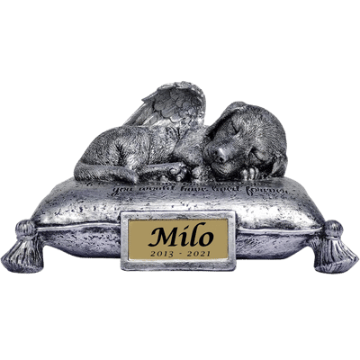 Sleeping Angel Dog Memorial Urn with Elegant Cursive Name & Dates – Outdoor Resin Grave Marker & Pet Ashes Holder for Garden Dis