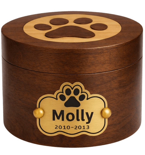 Personalised Wooden Dog Urn with Aluminium Plate  – Pet  Memorial Urn with Engraved Name & Dates
